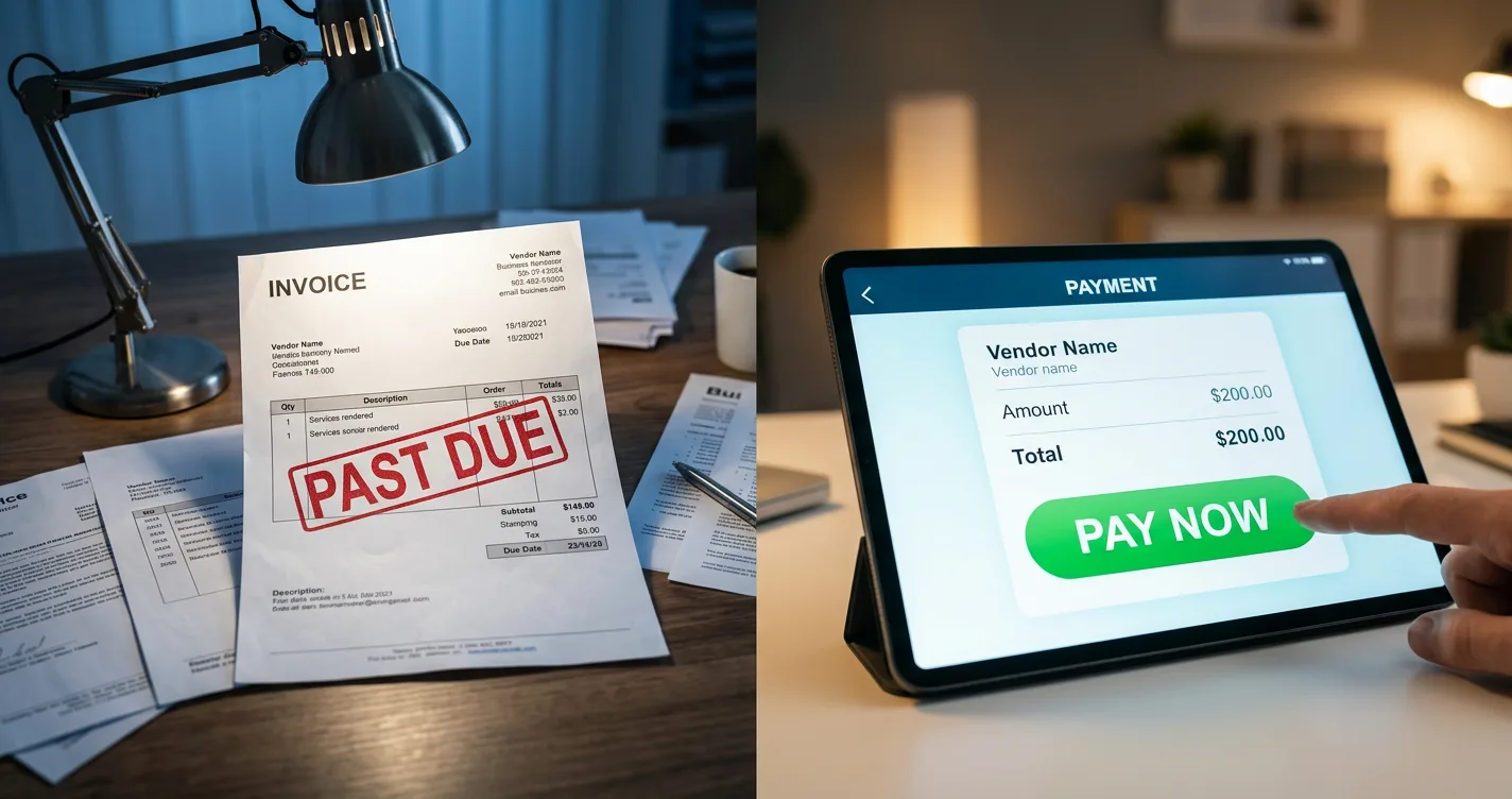 Split image showing a paper invoice stamped past due and a digital tablet with a pay now button, representing invoice collection solutions. how do i collect unpaid invoices