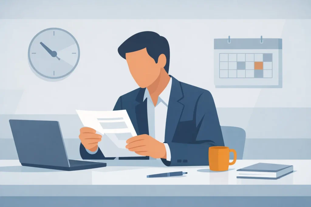 Illustration of a business professional reviewing an unpaid invoice at their desk, representing the challenge of collecting overdue payments