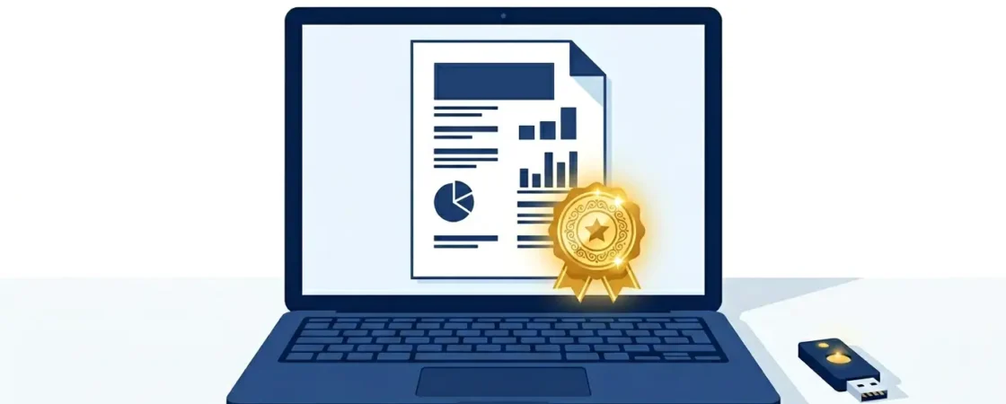 Illustration showing a laptop with a digital signature certificate document and USB security token on a clean desk How to Generate Digital Signature Certificate Fast