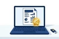Illustration showing a laptop with a digital signature certificate document and USB security token on a clean desk How to Generate Digital Signature Certificate Fast