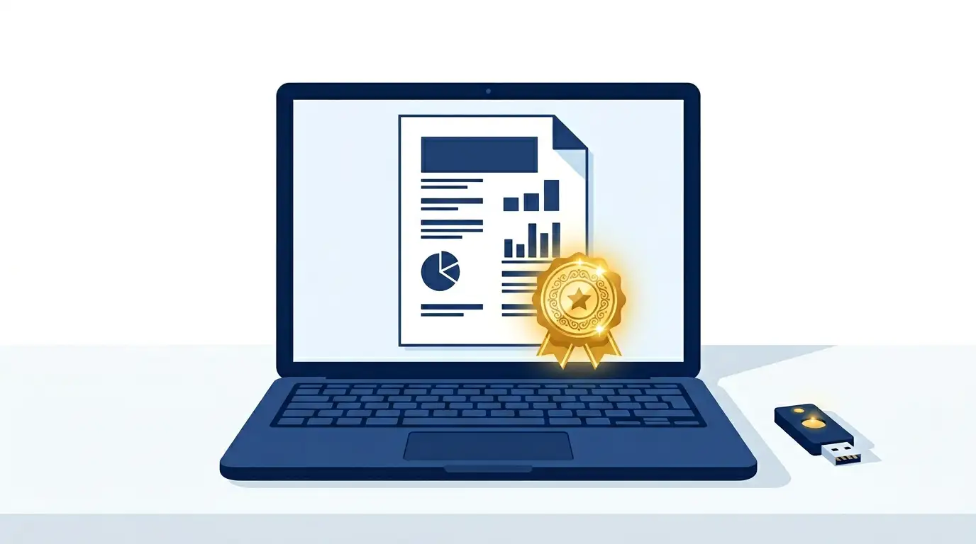 Illustration showing a laptop with a digital signature certificate document and USB security token on a clean desk How to Generate Digital Signature Certificate Fast