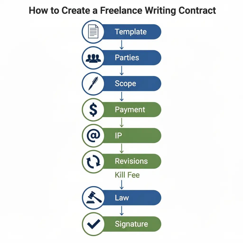 Flowchart showing 9 steps to create a freelance writing contract: start with template, fill in parties, write scope, set payment terms, choose IP structure, add revision rounds, include kill fee, specify governing law, and get signature