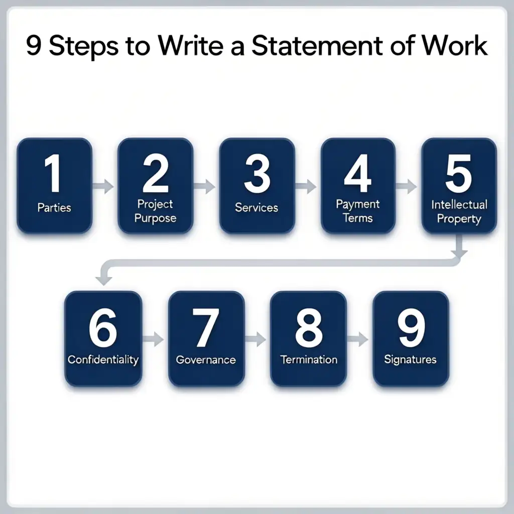 Step-by-step diagram showing 9 stages of
writing a Statement of Work, from identifying
parties through to getting final signatures
on the contract
