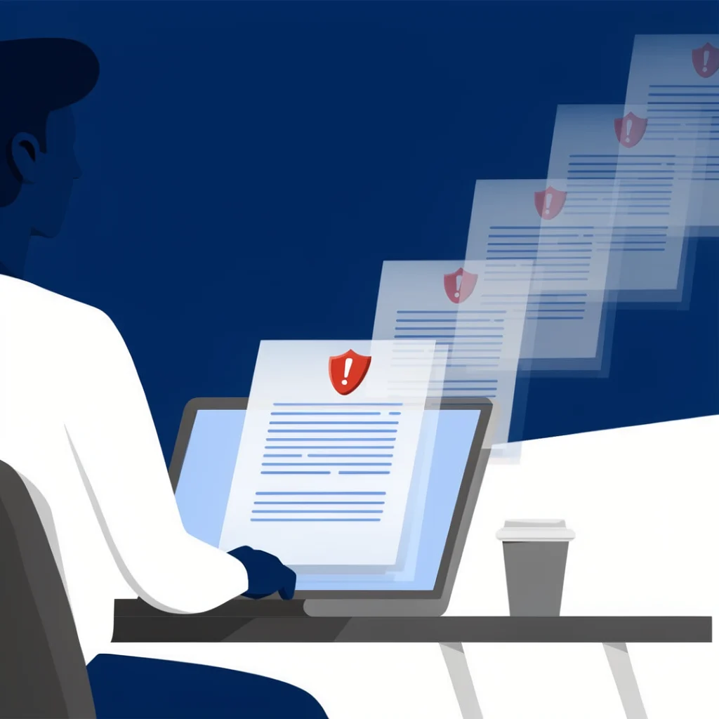 Illustration showing a creator at a laptop watching their content being stolen, representing intellectual property rights violations