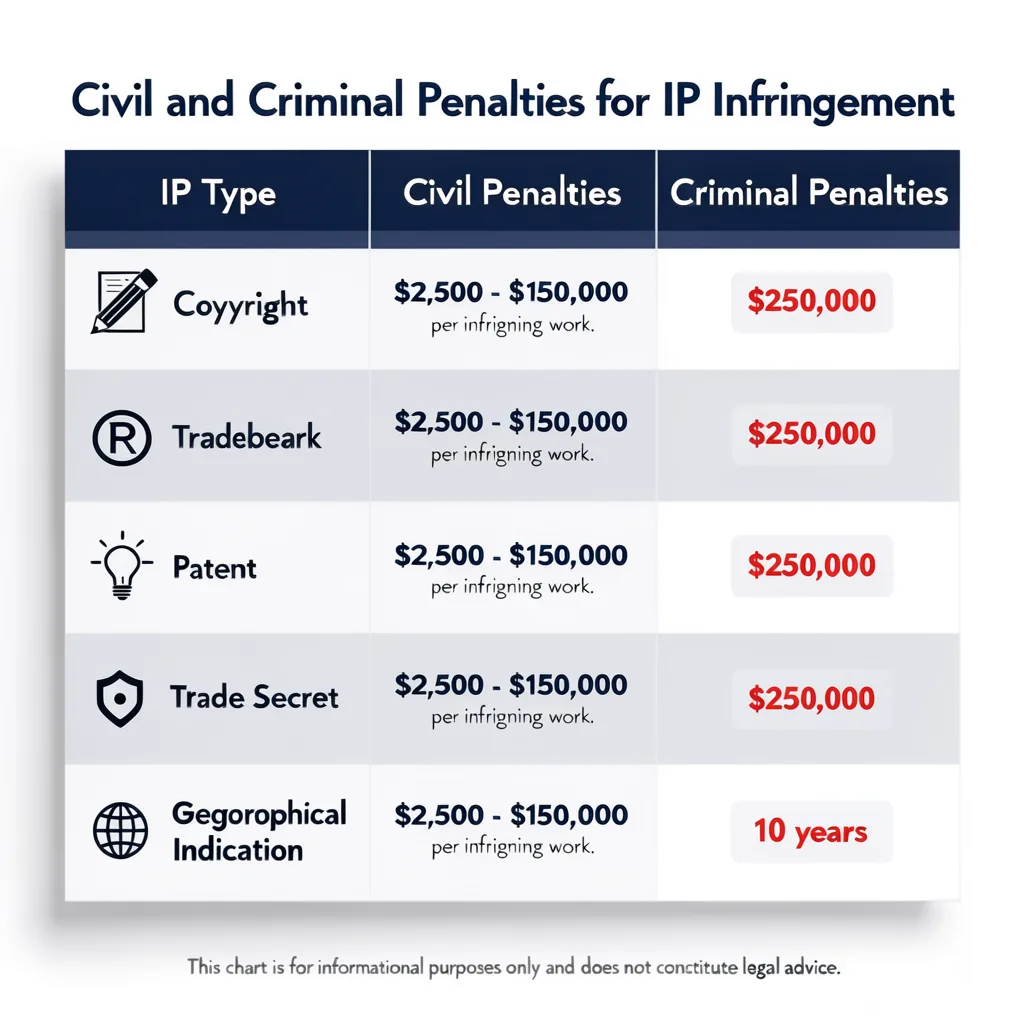 Chart showing intellectual property theft penalties
by type including civil damages and criminal
imprisonment terms for copyright, trademark, patent,
and trade secret violations
