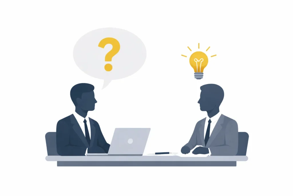 Illustration of two business people in negotiation, with a question mark speech bubble representing the psychological questions used to break through client payment avoidance