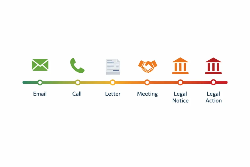 Timeline diagram showing the 6-stage invoice collection process from pre-due reminder through collection agency, with escalating urgency from Day 0 to Day 90