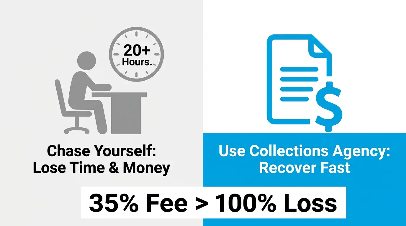 Comparison infographic showing that using a collections agency for a small unpaid invoice saves time versus chasing it yourself.