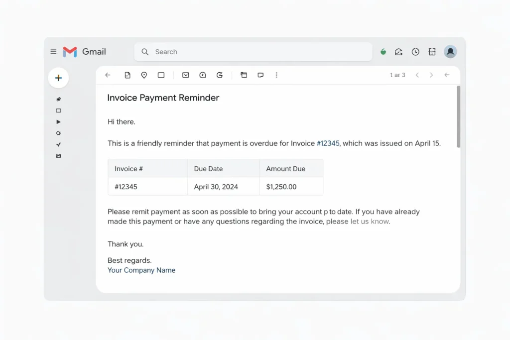 Mockup of a professional invoice payment reminder email in a Gmail-style interface showing the friendly first follow-up message format