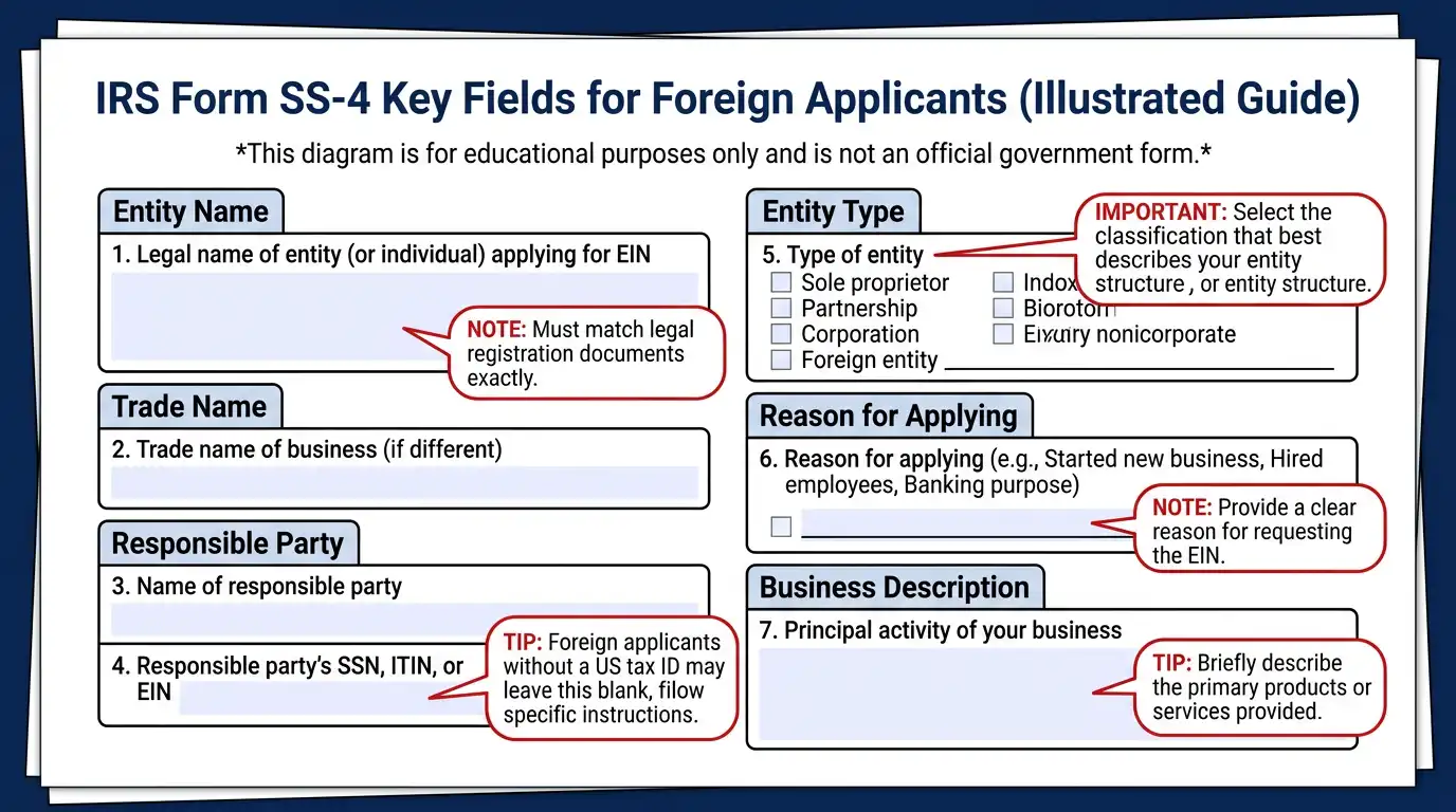 Annotated diagram of IRS Form SS-4 showing key fields foreign applicants must complete including the responsible party field where foreign nationals write the word Foreign
