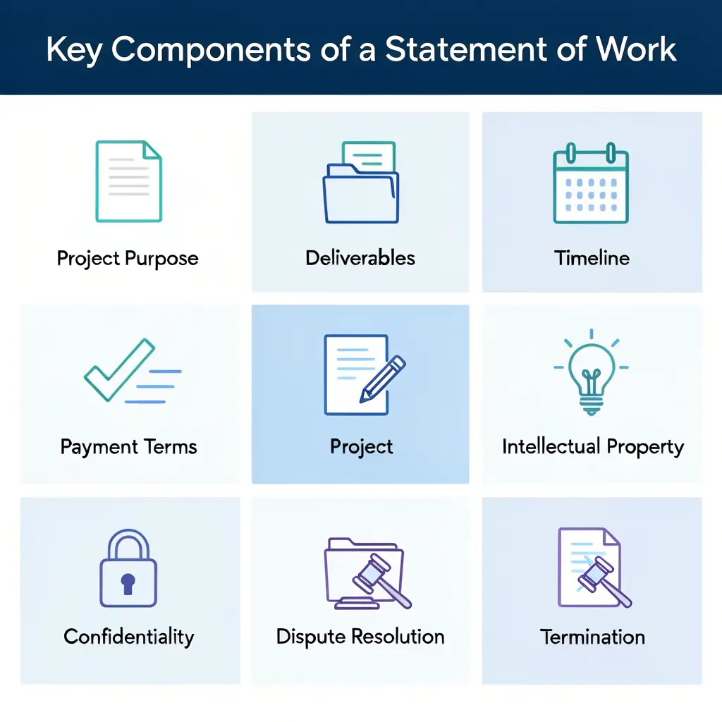 Diagram showing the 9 key components of a
Statement of Work including deliverables,
payment terms, intellectual property rights,
and dispute resolution clauses
