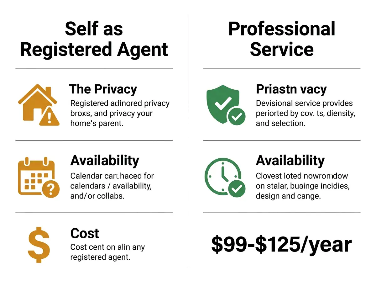 Side-by-side comparison of self as LLC registered agent versus professional service, showing differences in privacy, availability, and cost