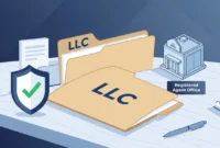 limited liability company's registered agent Illustration of LLC documents and registered agent office building representing legal compliance for small business owners