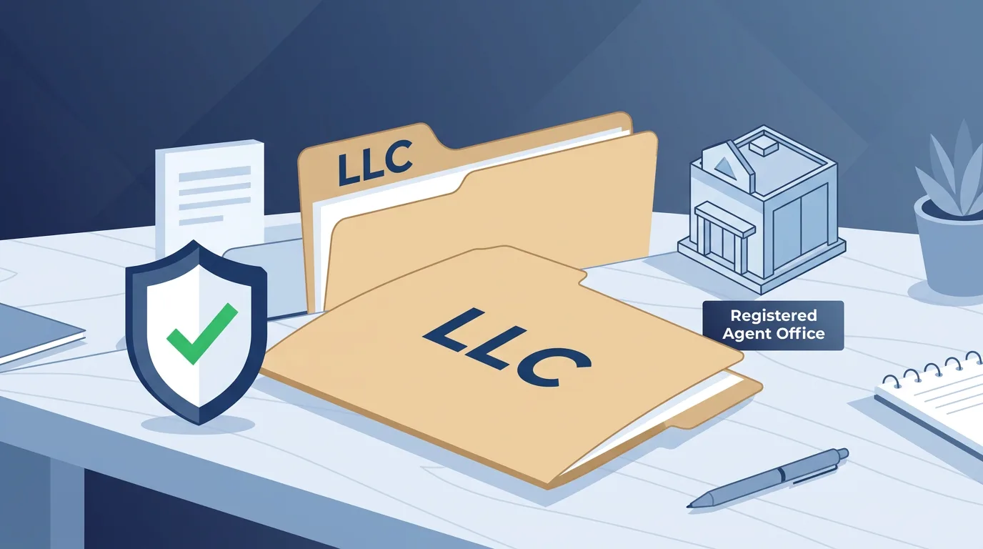 limited liability company's registered agent Illustration of LLC documents and registered agent office building representing legal compliance for small business owners