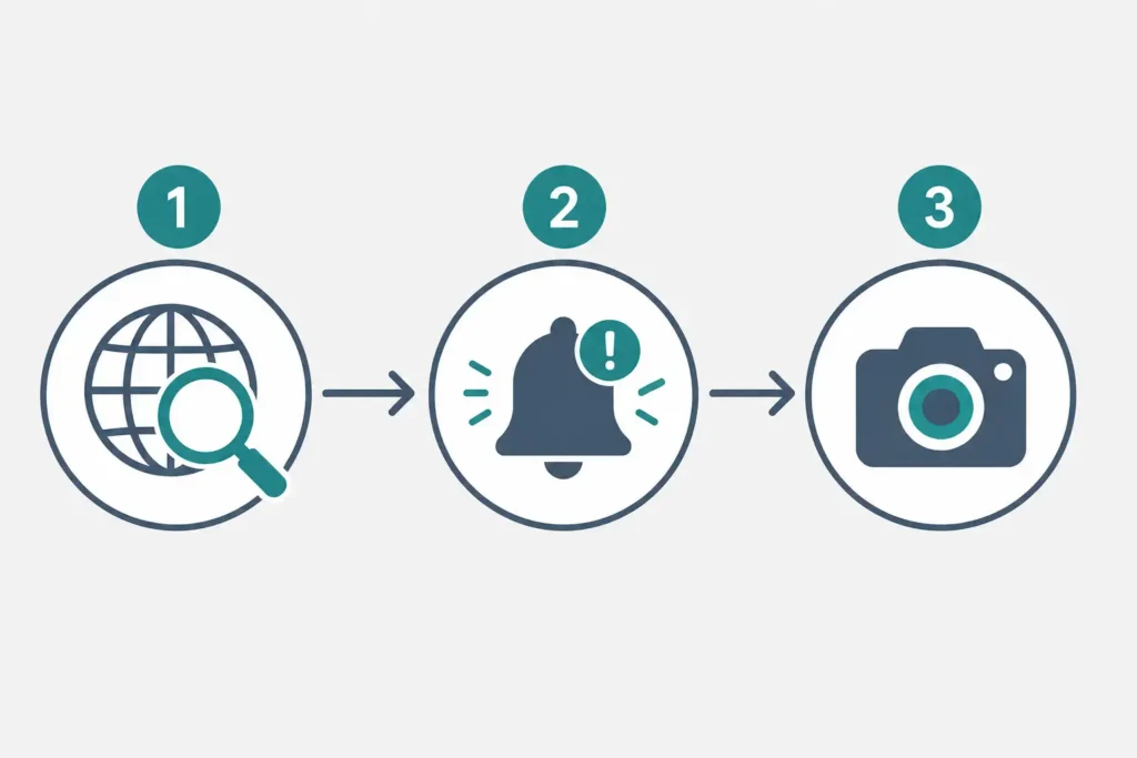 Diagram showing three steps to monitor intellectual property rights violations: online monitoring, alert detection, and screenshot evidence capture