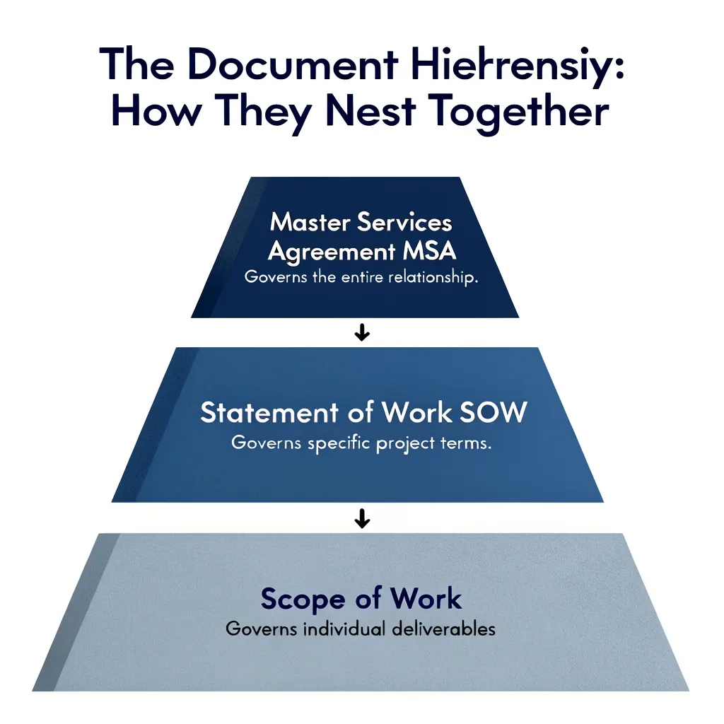 Pyramid diagram showing the document
hierarchy with Master Services Agreement
at top, Statement of Work in the middle,
and Scope of Work at the base of the
contract structure
