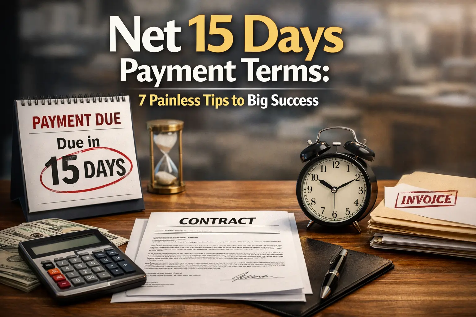 Net 15 days payment terms concept with invoice, contract, calculator, clock and payment due calendar showing 15 days deadline