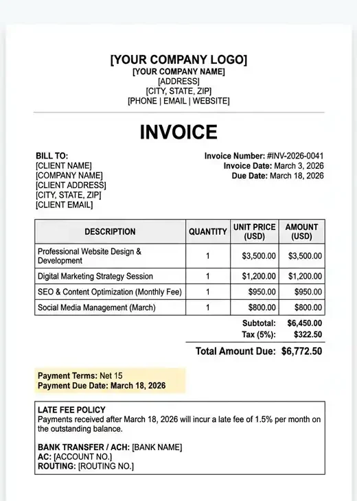 Professional invoice template showing net 15 payment terms with highlighted due date and late fee policy sections