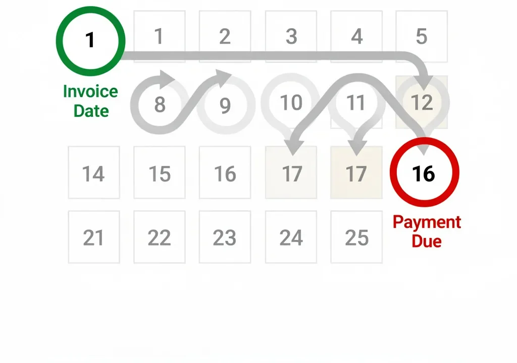 Calendar diagram showing how to calculate net 15 payment terms due date from June 1 invoice date to June 16 payment deadline including weekends