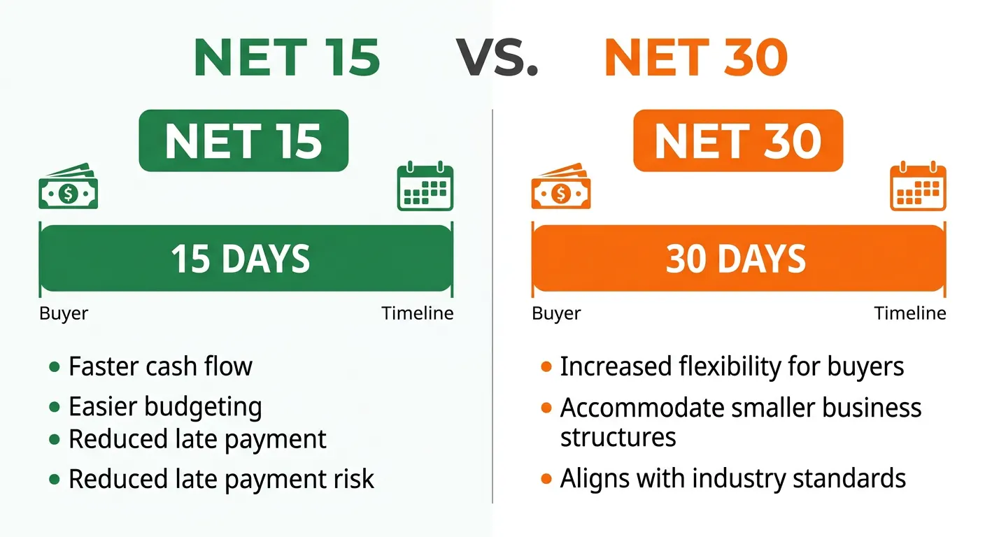 Infographic comparing net 15 payment terms and net 30 payment terms showing timeline difference and key benefits of each payment option for freelancers