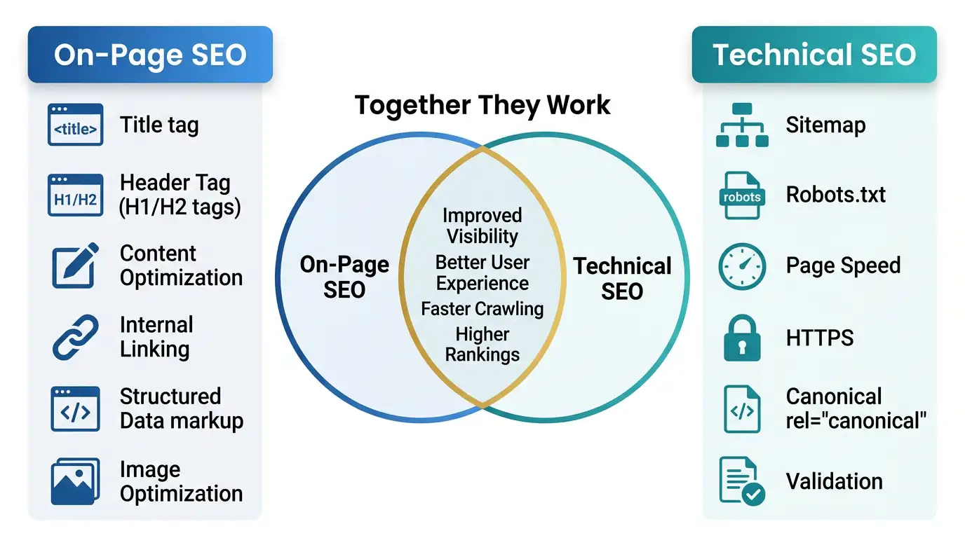 Side-by-side comparison diagram showing on-page SEO elements on the left
and technical SEO elements on the right with a center Venn diagram showing
how they work together