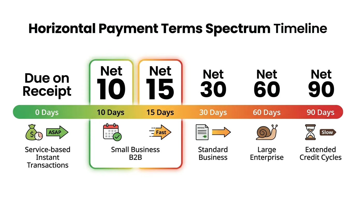 Infographic showing payment terms spectrum from due on receipt to net 90 with net 15 highlighted as middle option for freelancers