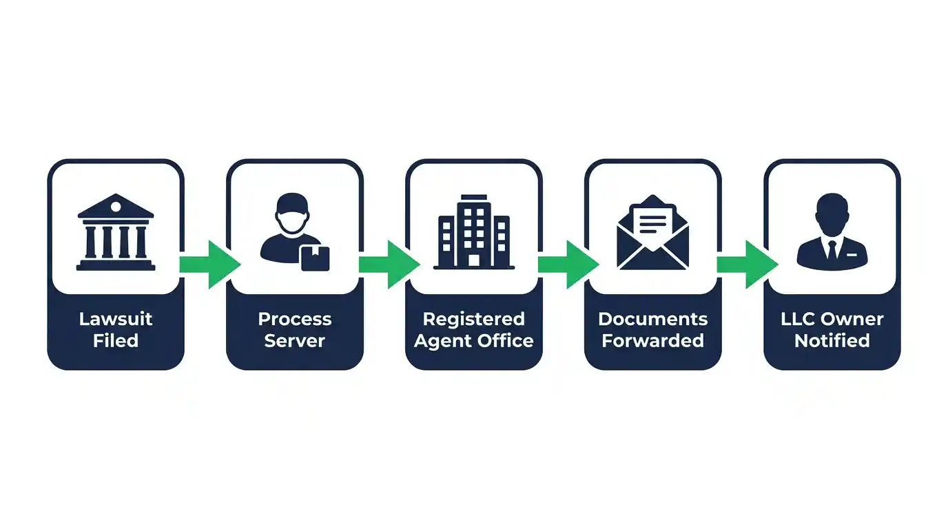 Flowchart showing how a lawsuit reaches an LLC owner through a registered agent, from process server to document forwarding