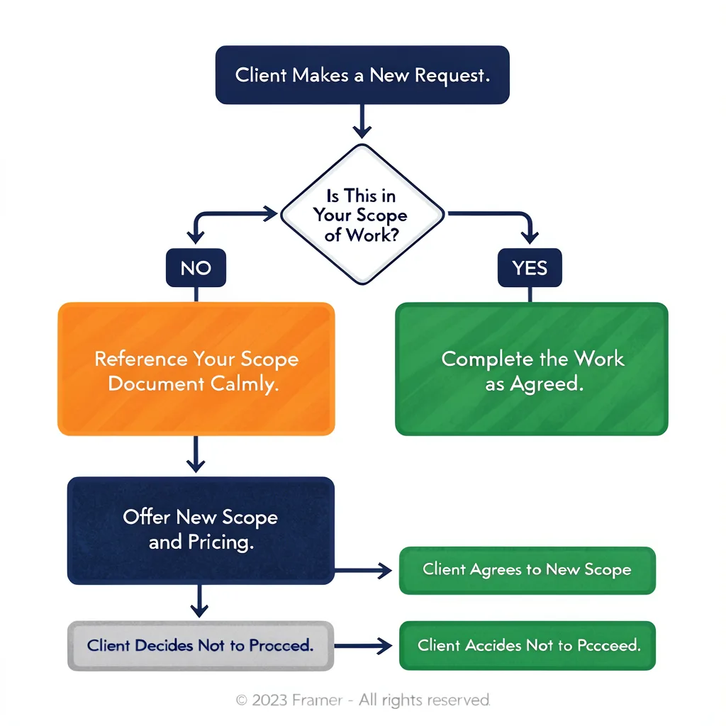 Flowchart showing how to handle out-of-scope
client requests using a Scope of Work
document, with decision paths for freelancers
and project managers
