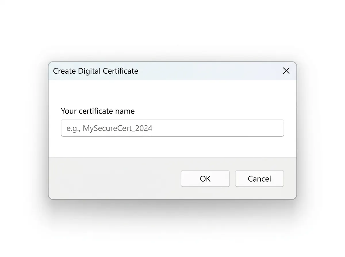 Windows dialog box from SelfCert.exe showing the Create Digital Certificate interface used to generate a self-signed certificate in Microsoft Word