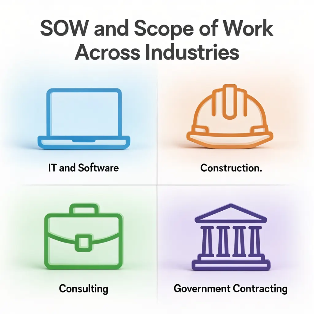 Grid diagram showing Statement of Work and
Scope of Work applications across IT,
construction, consulting, and government
contracting industries

