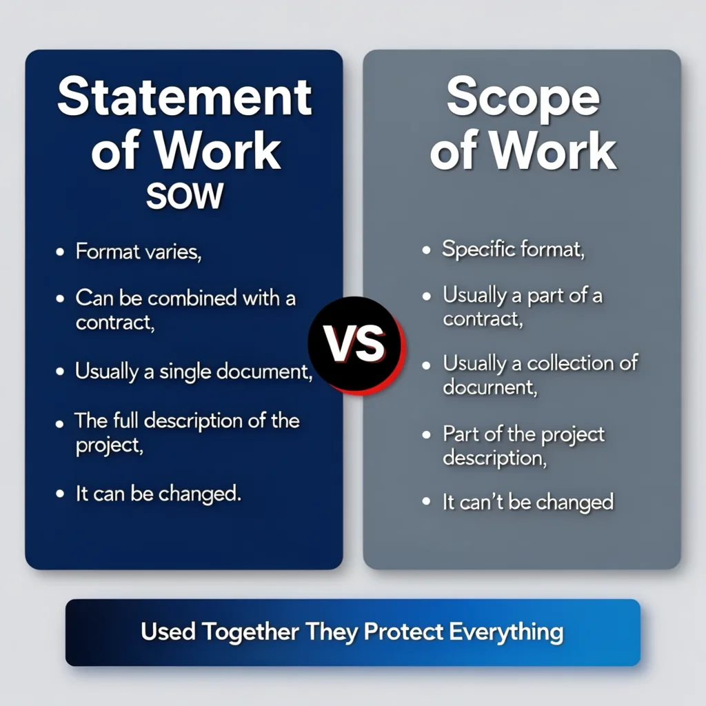 Side-by-side infographic comparing a
Statement of Work vs Scope of Work, showing
key differences in purpose, legal status,
audience, and content coverage
