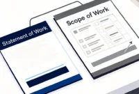 Statement of Work vs Scope of Work Guide Illustration comparing a Statement of Work document and a Scope of Work document side by side, showing their relationship in freelance contract management
