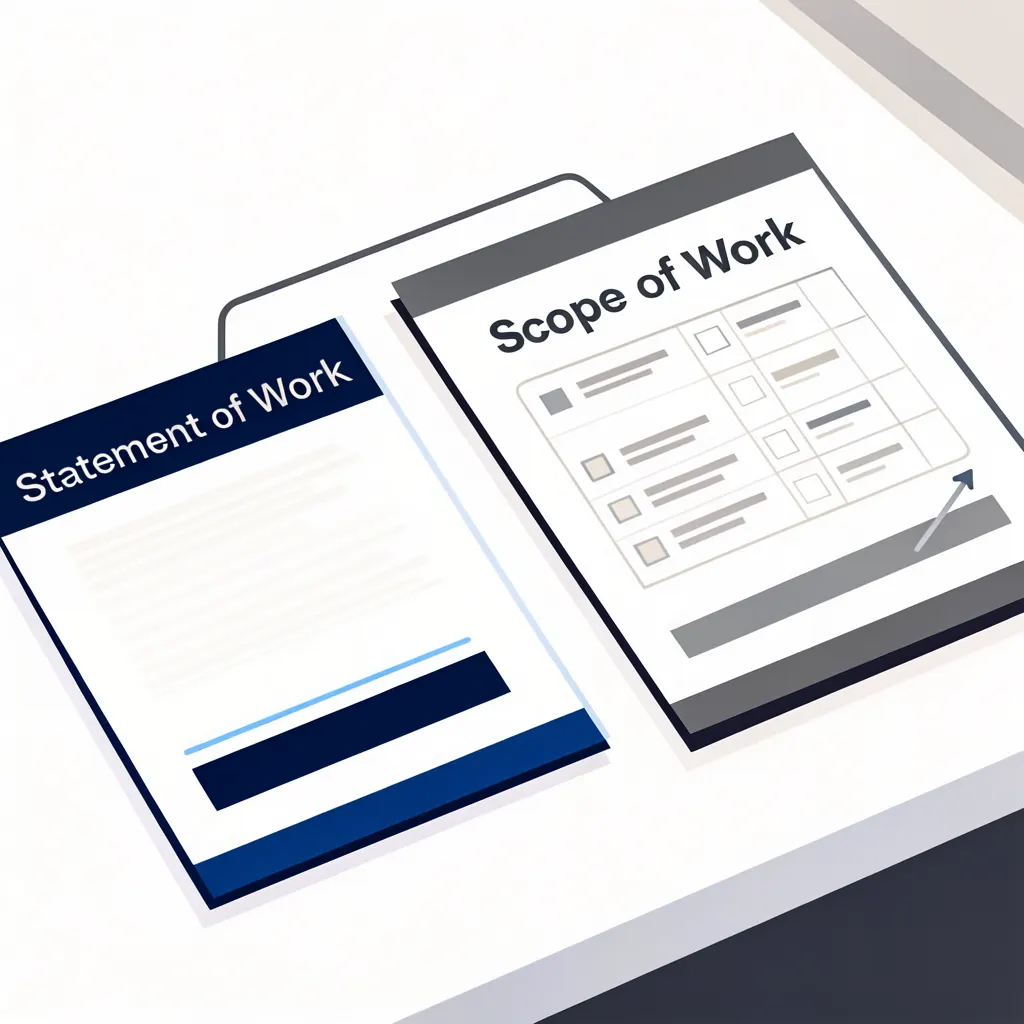 Illustration comparing a Statement of Work document and a Scope of Work document side by side, showing their relationship in freelance contract management