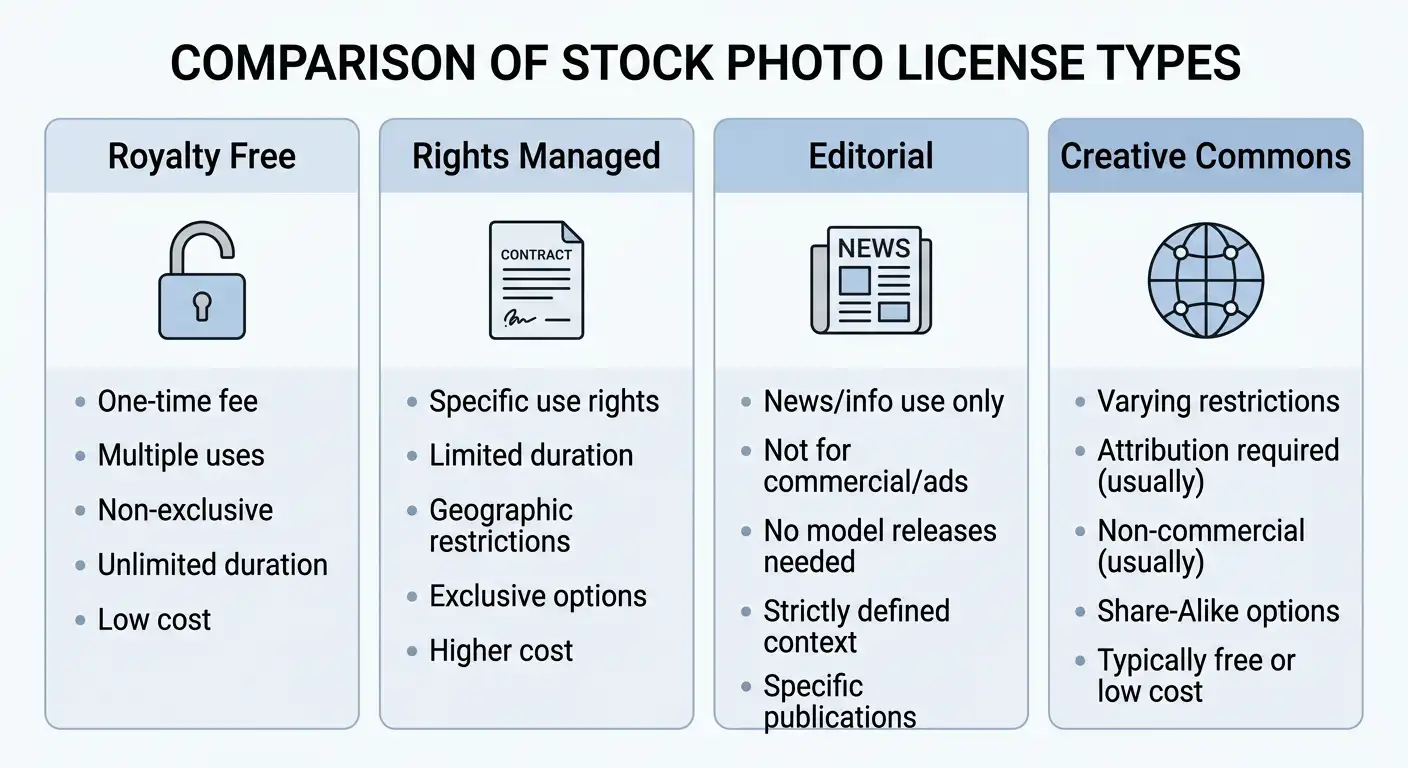 Infographic comparing Royalty Free, Rights Managed, Editorial, and Creative Commons stock photo licenses for commercial use.