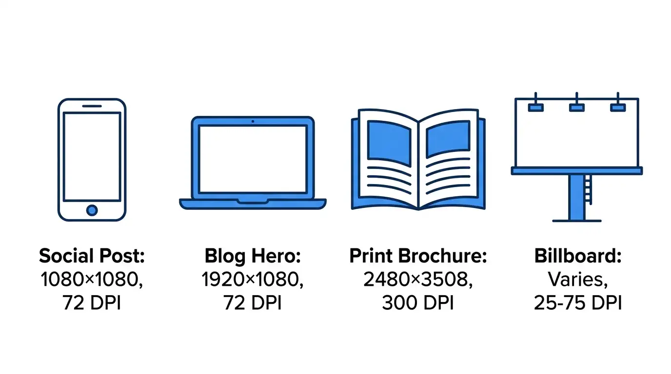 Visual guide showing recommended stock photo pixel dimensions and DPI for social media, web, print, and outdoor advertising.