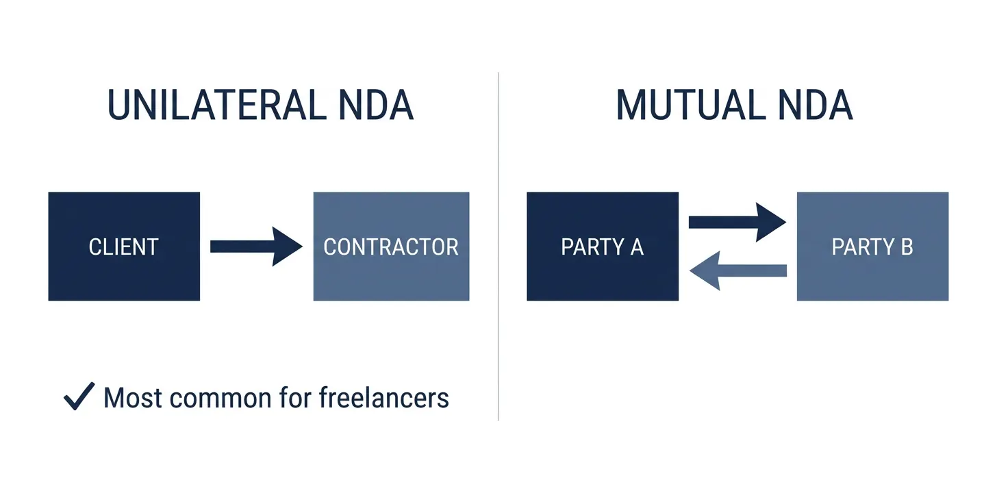 Diagram comparing unilateral contractor NDA with single directional obligation arrow versus mutual NDA with bidirectional obligations between both parties