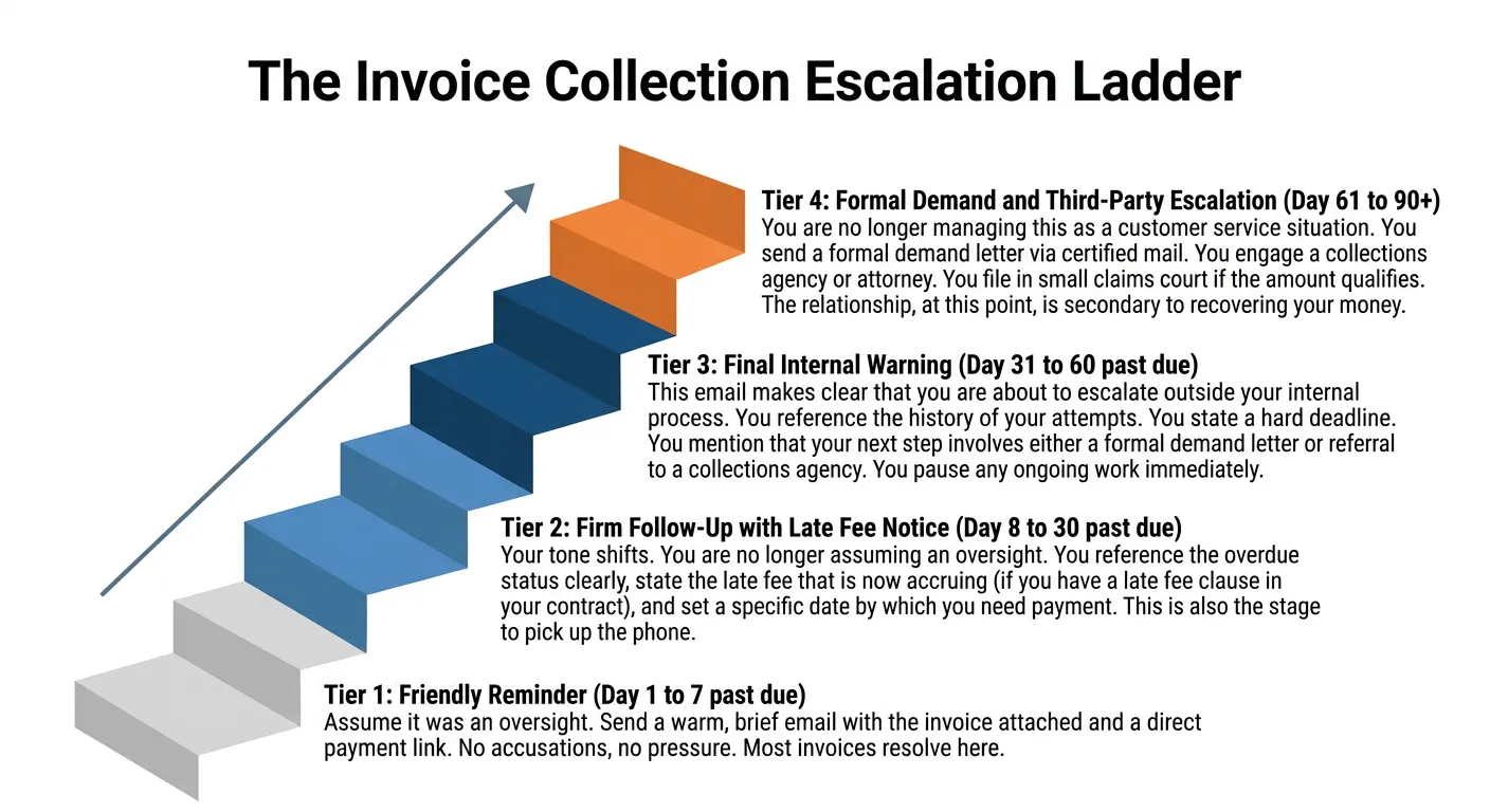 4-step escalation ladder graphic for collecting overdue invoices from friendly reminder to formal legal demand.