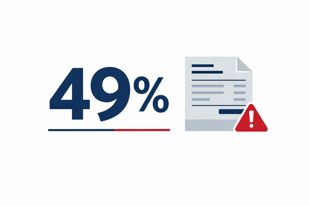 Infographic showing that 49 percent of U.S. business invoices are currently overdue, highlighting the widespread challenge of unpaid invoice collection