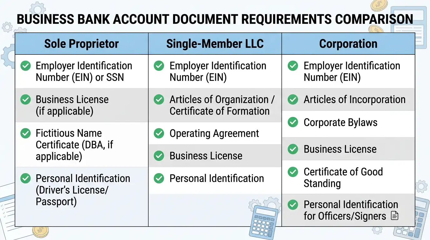 Comparison chart showing US Bank business account document requirements for sole proprietors, single-member LLCs, and corporations side by side