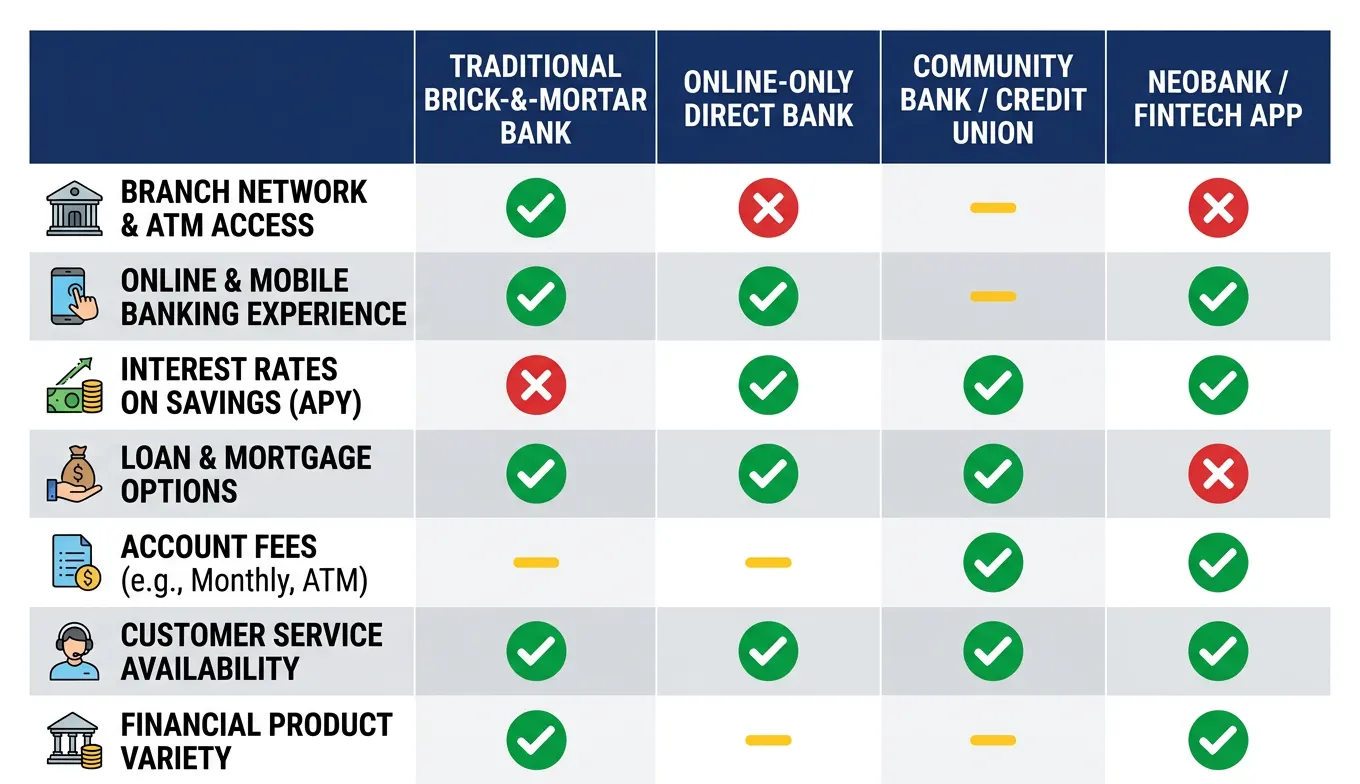 Comparison matrix showing US Bank business account features versus Chase, Bank of America, and online-only banks across key criteria for freelancers in 2026
