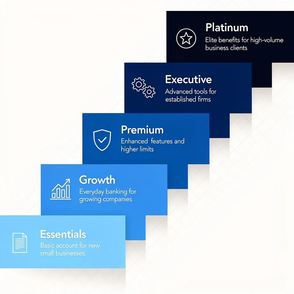 Staircase diagram showing the five US Bank business checking account tiers from Business Essentials at entry level up to Platinum for high-volume operations