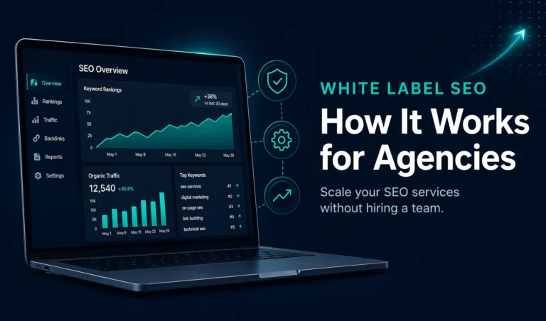 White label on page SEO agency guide showing SEO dashboard with rising keyword rankings and traffic growth for digital marketing agencies