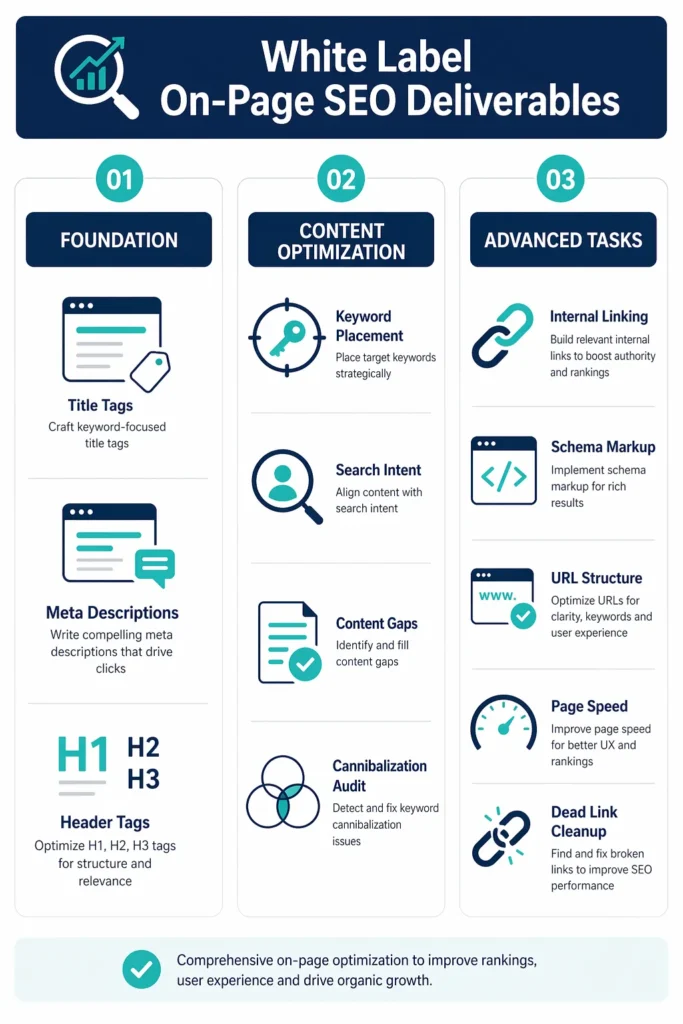 Infographic showing white label on-page SEO deliverables for agencies including title tags, content optimization, internal linking, schema markup, and page speed tasks