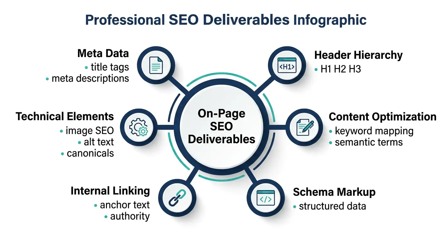 Infographic showing six categories of white label on-page SEO deliverables
including meta data, header hierarchy, content optimization, schema markup,
internal linking, and technical SEO elements