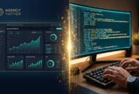 Featured hero image for white label on page SEO guide showing agency dashboard and SEO implementation with data flow connection