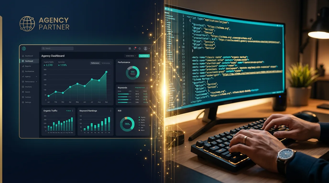 Featured hero image for white label on page SEO guide showing agency dashboard and SEO implementation with data flow connection