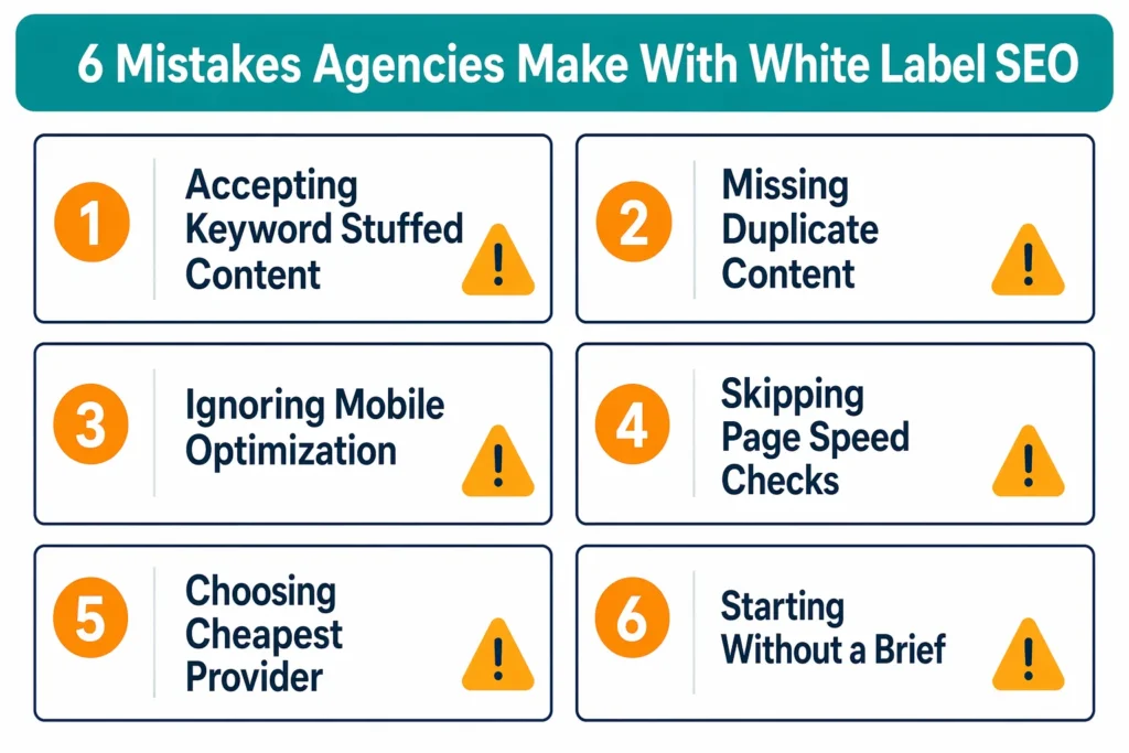 Infographic listing six white label SEO mistakes agencies make: keyword stuffing, duplicate content, ignoring mobile, skipping page speed, cheapest provider, and vague briefs
