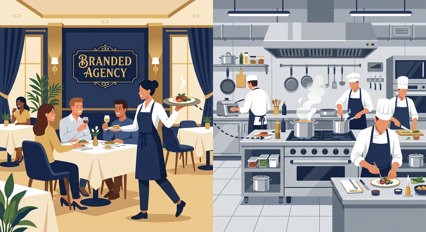 Flat vector illustration showing an agency brand on the left and a white label
SEO provider working behind the scenes on the right, connected by an invisible
partnership line