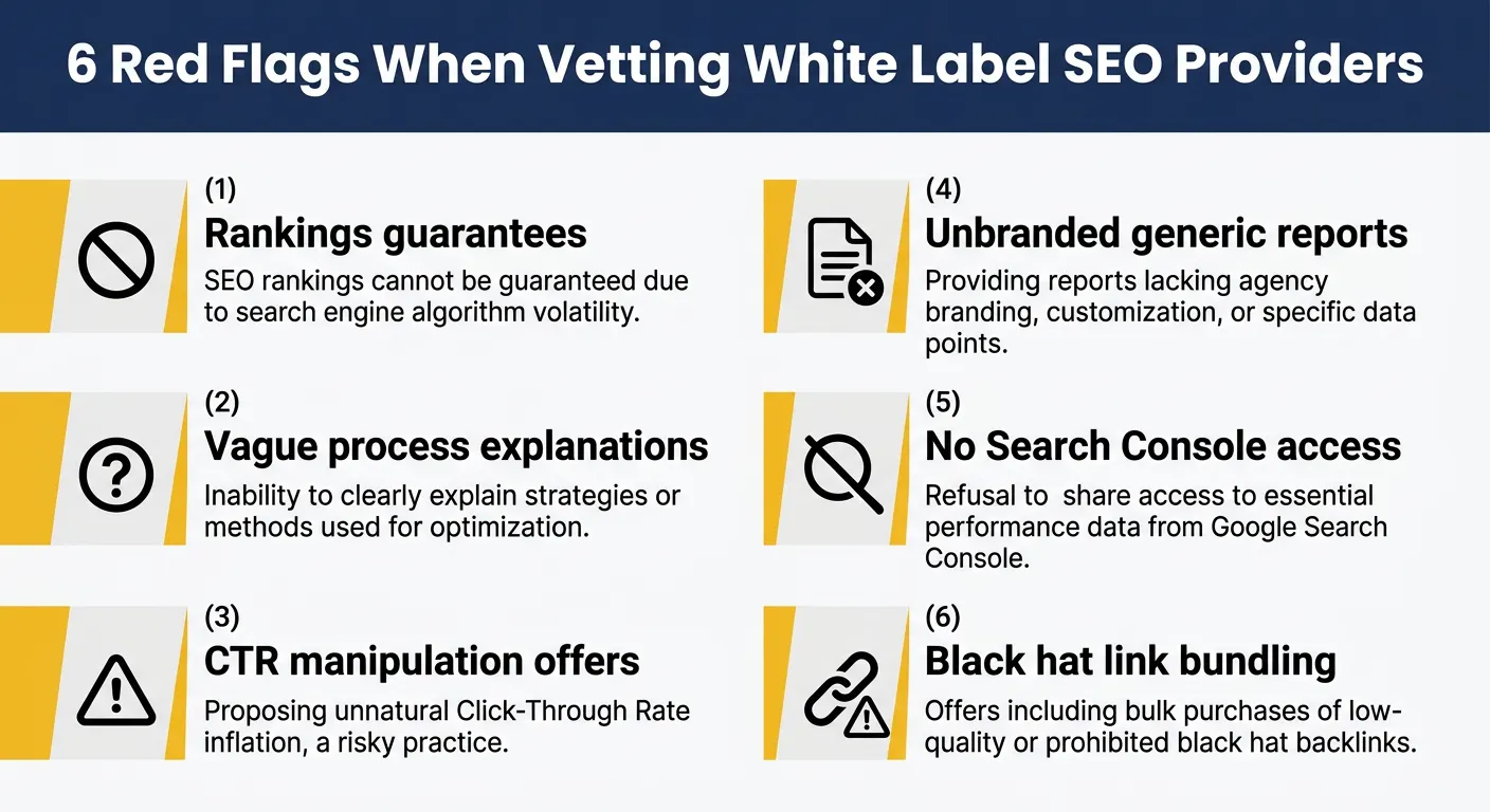 Red flags checklist for vetting white label SEO providers showing six
warning signs including rankings guarantees, unclear processes, CTR
manipulation, generic reports, no Search Console access, and black hat
link building