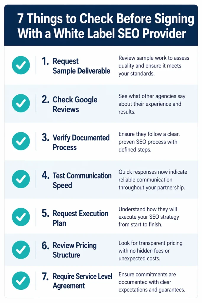 Checklist infographic showing seven criteria for selecting a white label SEO provider including sample deliverables, Google reviews, documented process, communication, pricing, and service agreement